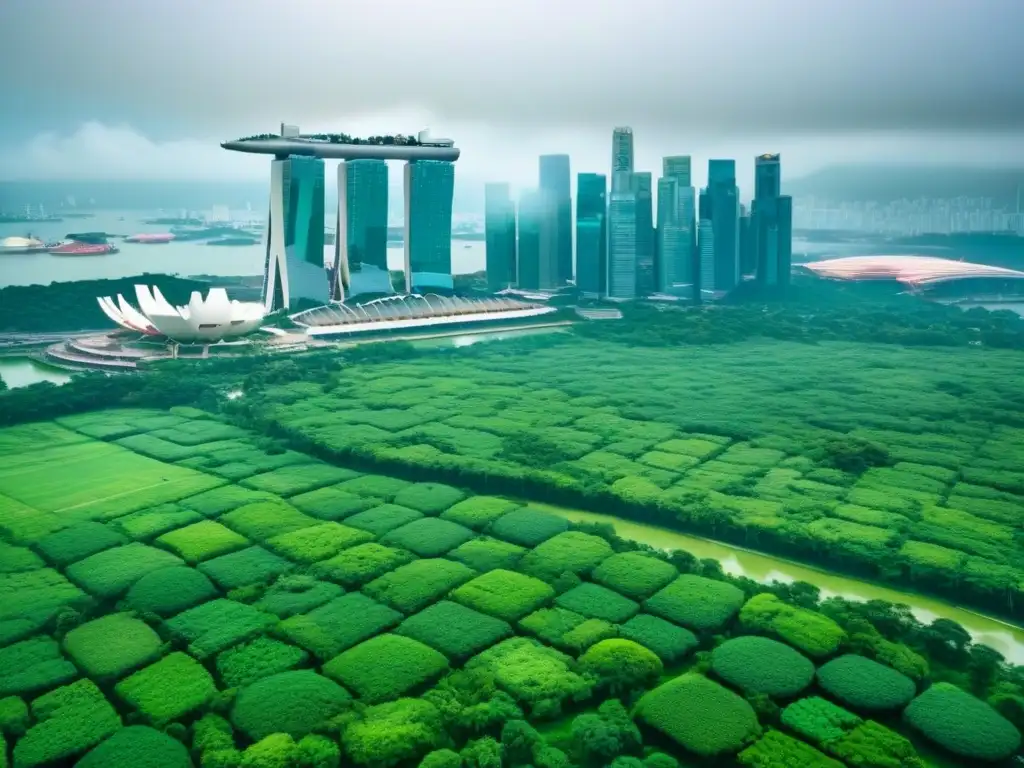 Vista aérea minimalista de Singapur, fusionando naturaleza y modernidad en urbanismo verde