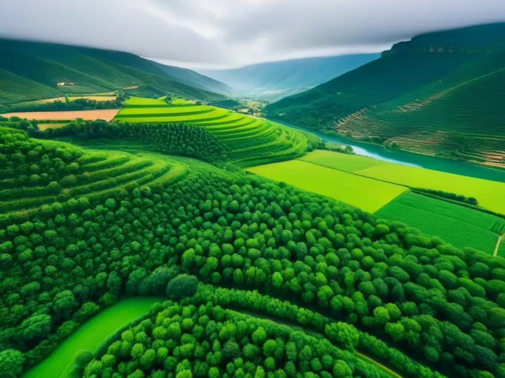 Vista aérea minimalista de paisajes verdes en el campo español, ideal para el Turismo Rural Sostenible España Verde