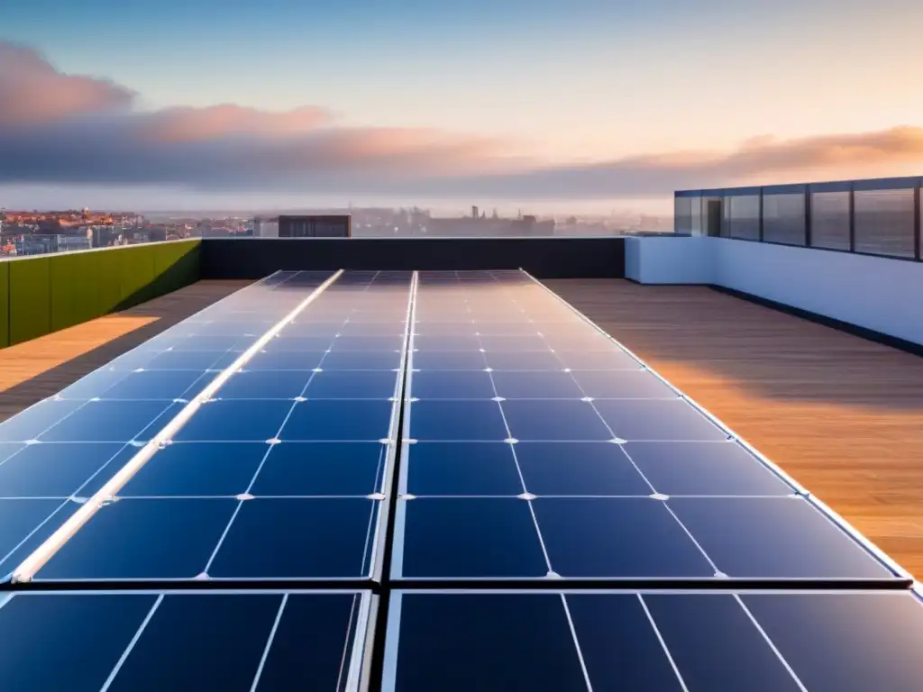 Vista aérea de un moderno tejado con paneles solares integrados, simbolizando los beneficios de la energía solar y el desarrollo sostenible