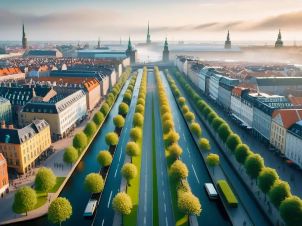 Vista aérea de Copenhague, destacando su movilidad urbana sostenible y armonía entre naturaleza e infraestructura moderna