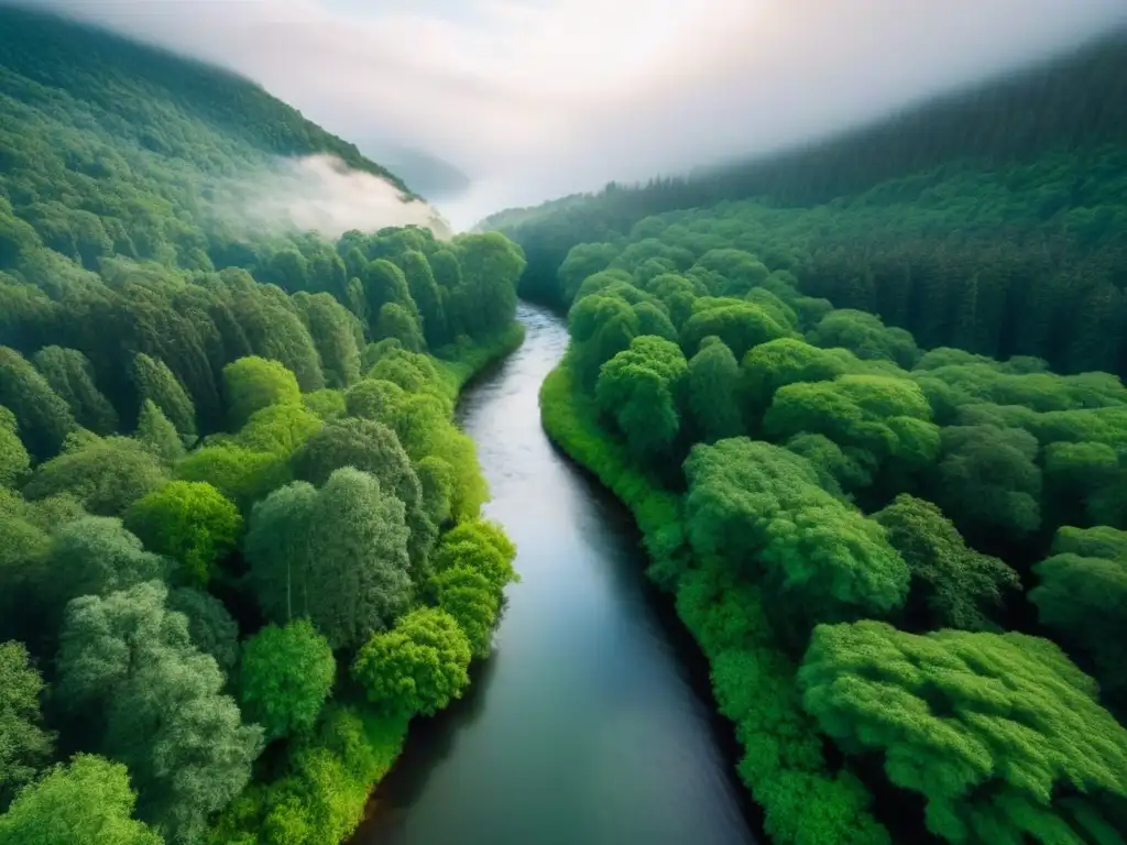 Vista aérea serena de un bosque verde con un arroyo, destacando la importancia de Big Data en estrategias ambientales