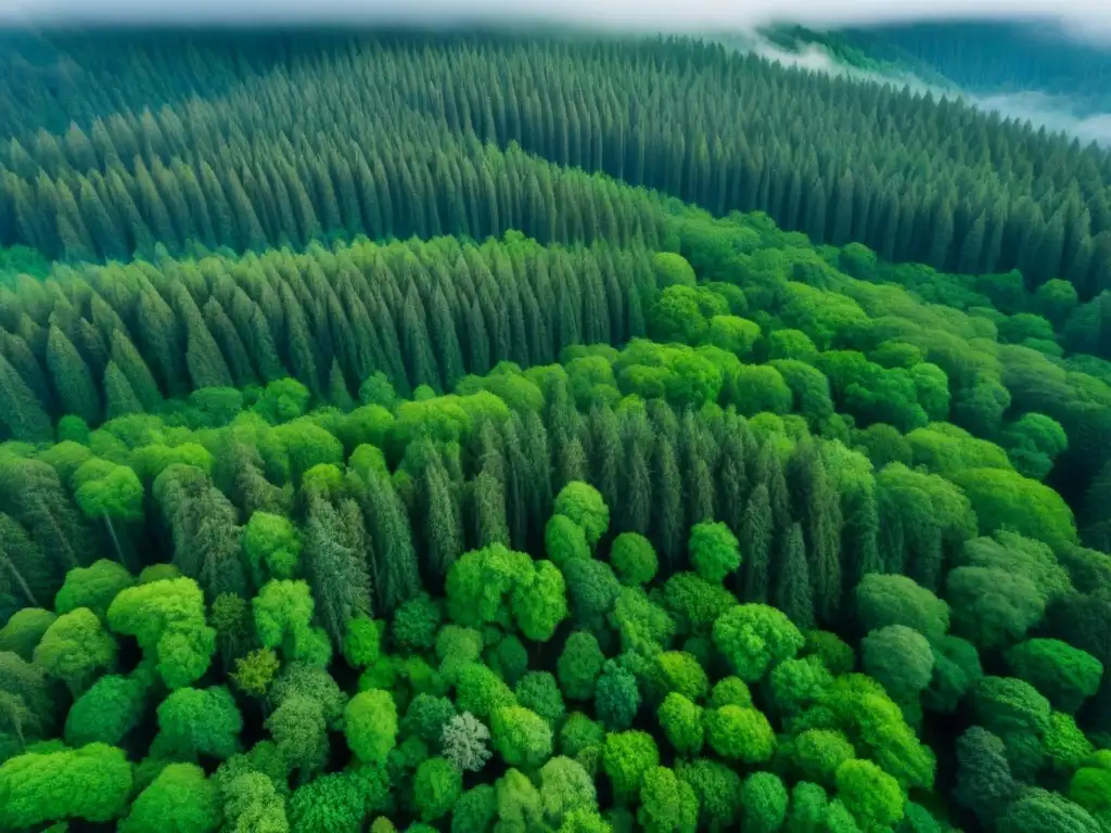 Vista aérea serena de un frondoso bosque verde, mostrando la diversidad y patrones de la gestión forestal sostenible Big Data