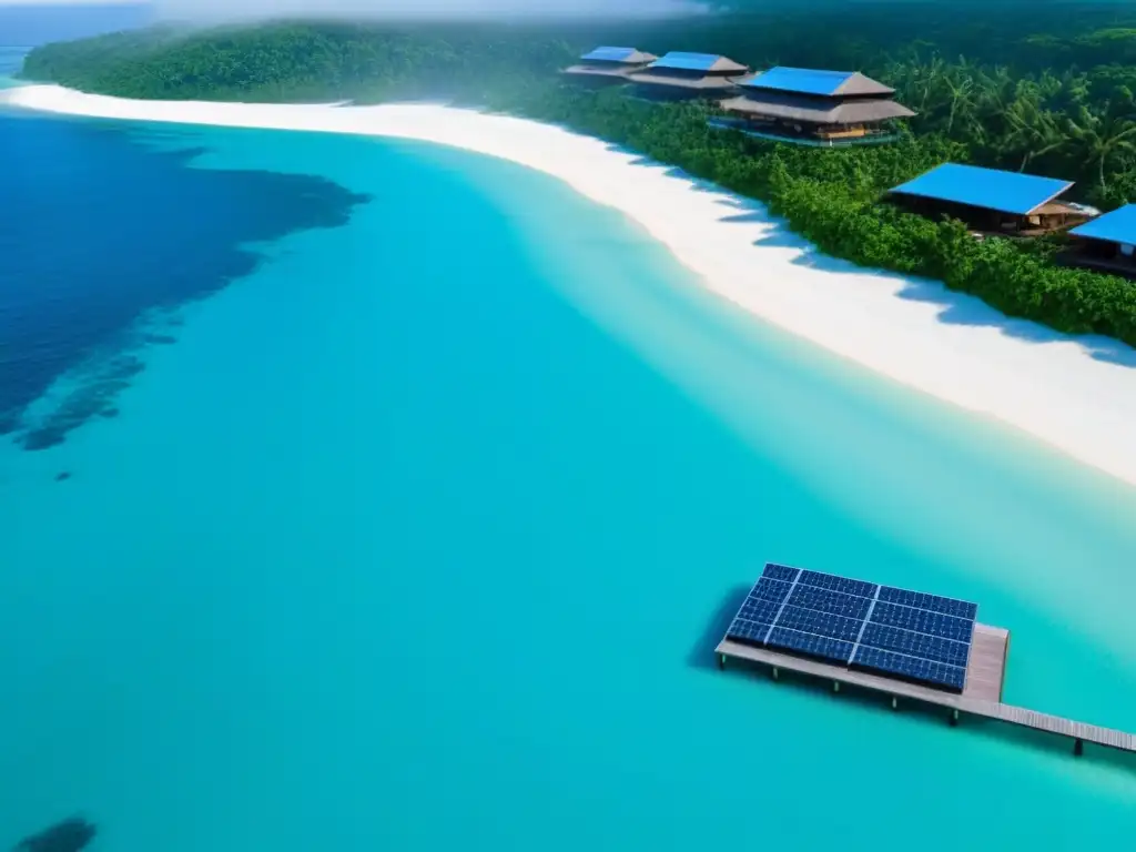 Vista aérea serena de isla privada sostenible de lujo con paneles solares integrados y villas minimalistas en armonía con paisaje natural