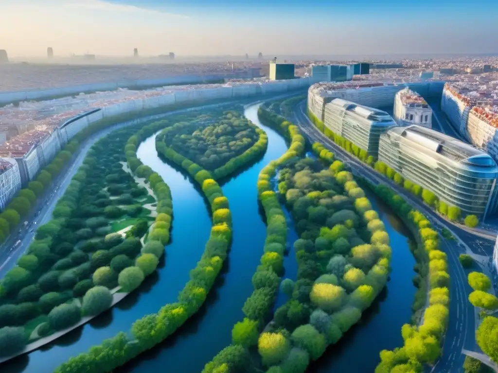 Vista aérea serena del Parque Madrid Río con vegetación exuberante y el río Manzanares, destacando el proyecto Madrid Río regeneración urbana