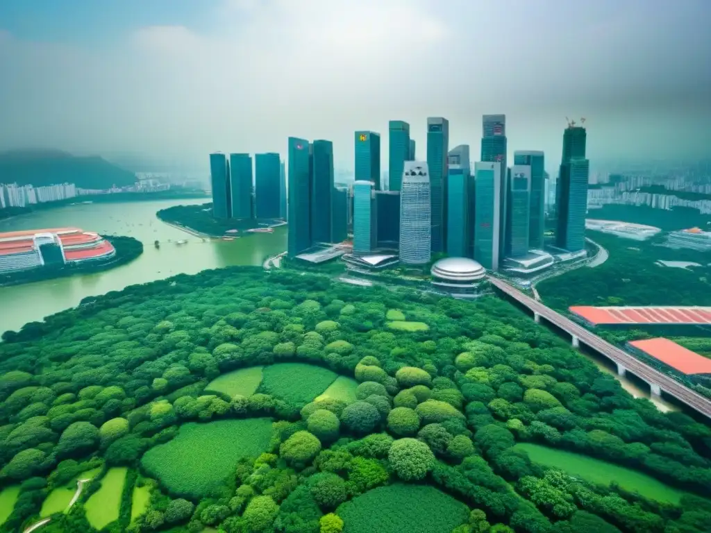 Vista aérea de Singapur: urbanismo verde en Singapur con rascacielos y exuberante vegetación integrada en la ciudad