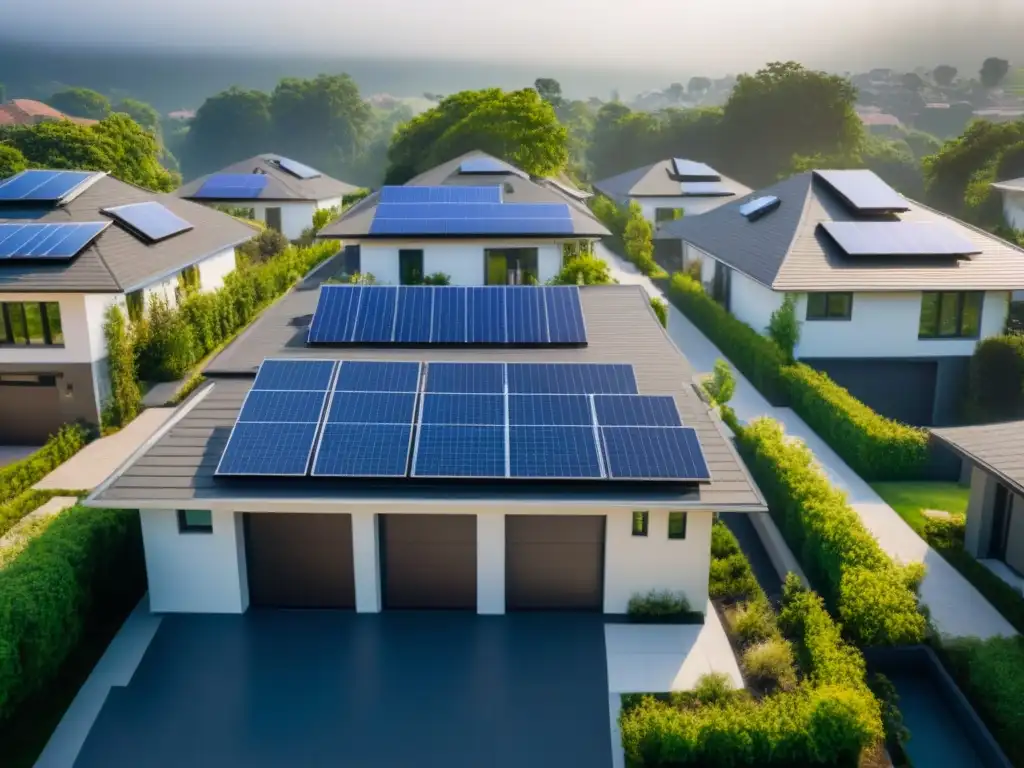 Vista aérea de vecindario suburbano con casas modernas y techos solares sostenibles, resplandeciendo bajo el sol