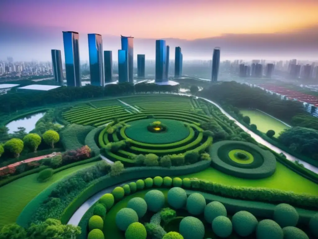 Vista de ciudad al atardecer, con rascacielos modernos iluminados y un parque verde rodeado de edificios ecológicos