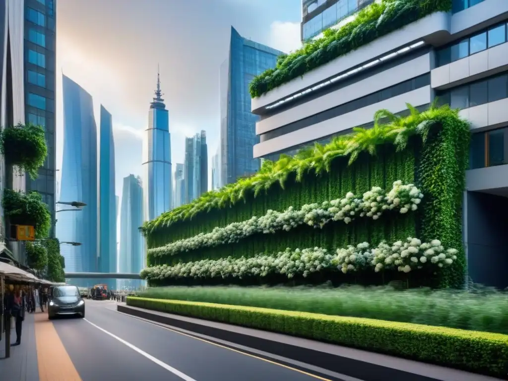 Vista de ciudad verde sostenible con rascacielos futuristas y naturaleza, innovaciones urbanas