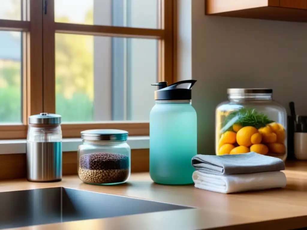 Vista de una cocina minimalista en un apartamento pequeño con soluciones zero waste