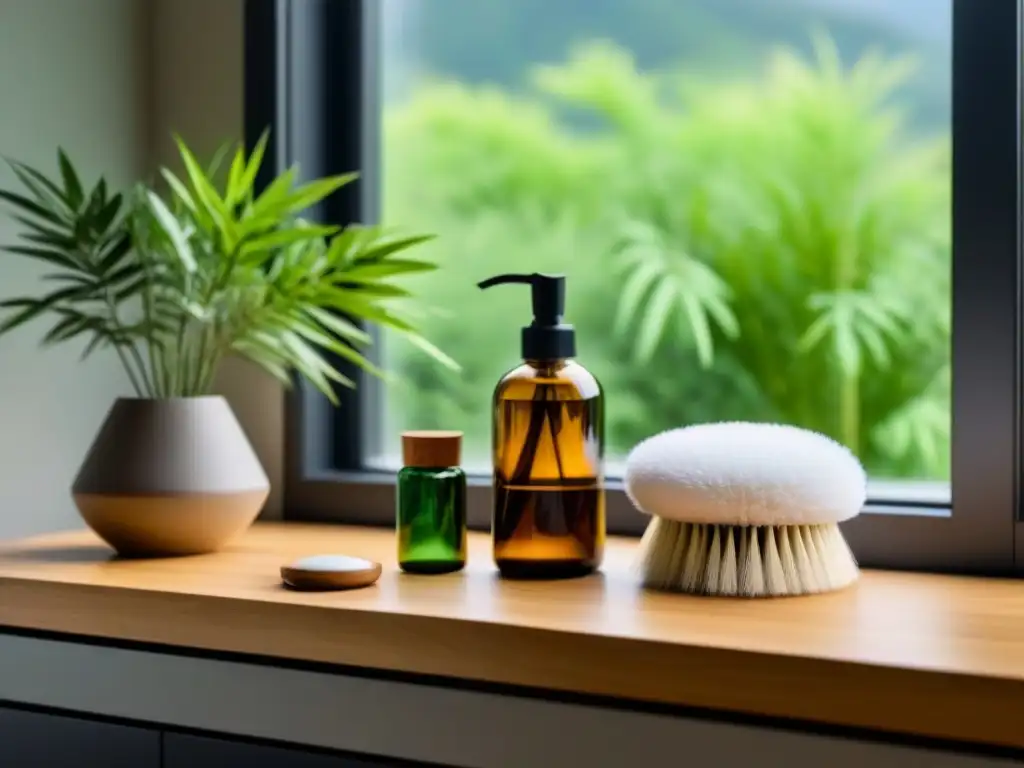 Baño ecológico con accesorios sostenibles Vista detallada de accesorios belleza sostenible zero waste en baño moderno, iluminado por luz natural