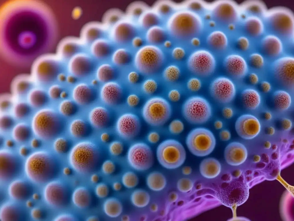 Una vista detallada de bacterias probióticas interactuando con células de la piel, resaltando los beneficios probióticos en cosméticos