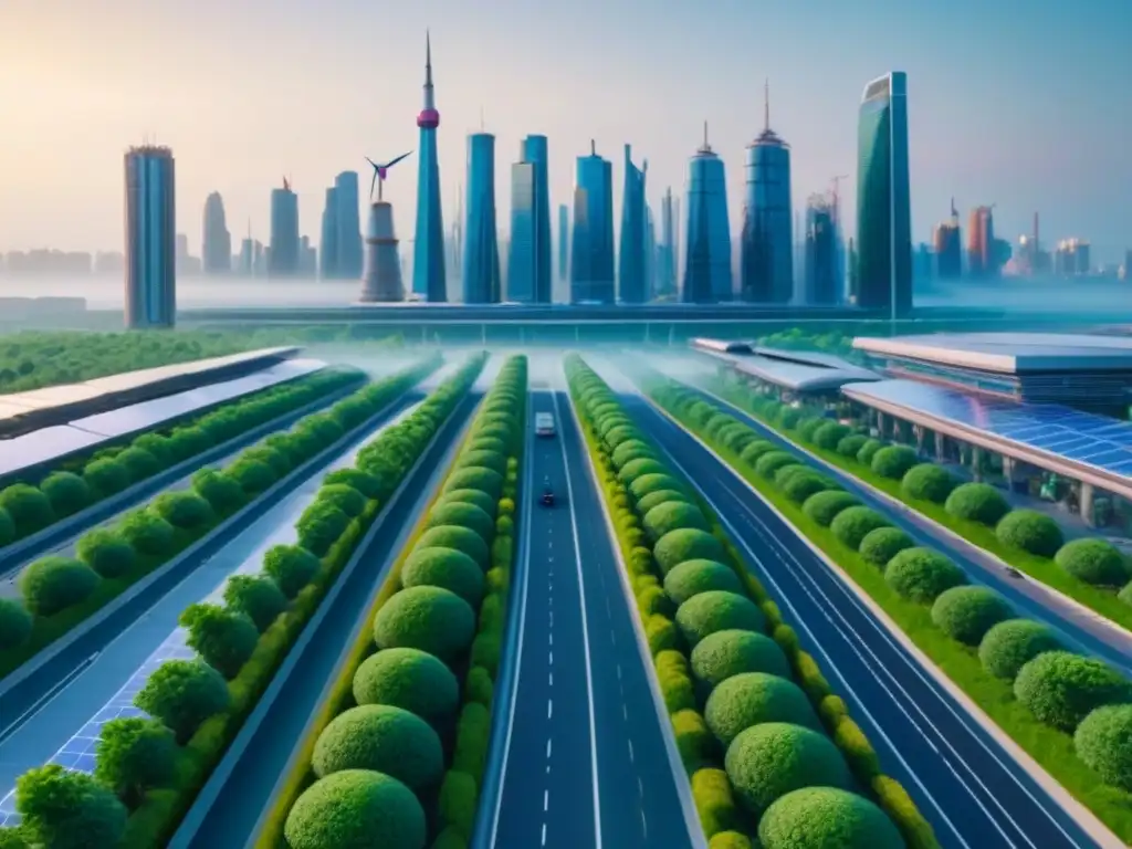 Vista detallada de ciudad futurista con edificios sostenibles y naturaleza