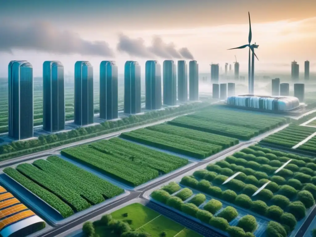 Vista detallada de una ciudad futurista sostenible con tecnología verde innovadora, marcando pauta en sostenibilidad y tecnología