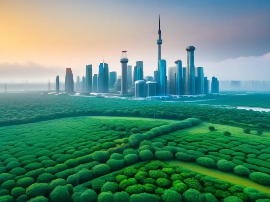 Vista detallada de una ciudad futurista con edificios verdes, paneles solares y turbinas eólicas, integrados con naturaleza