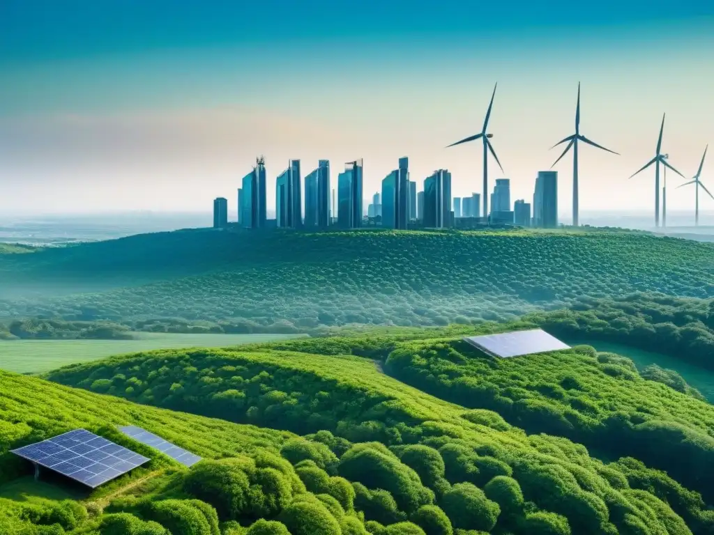 Vista detallada de una ciudad futurista sostenible con techos verdes, paneles solares y turbinas eólicas, rodeada de naturaleza