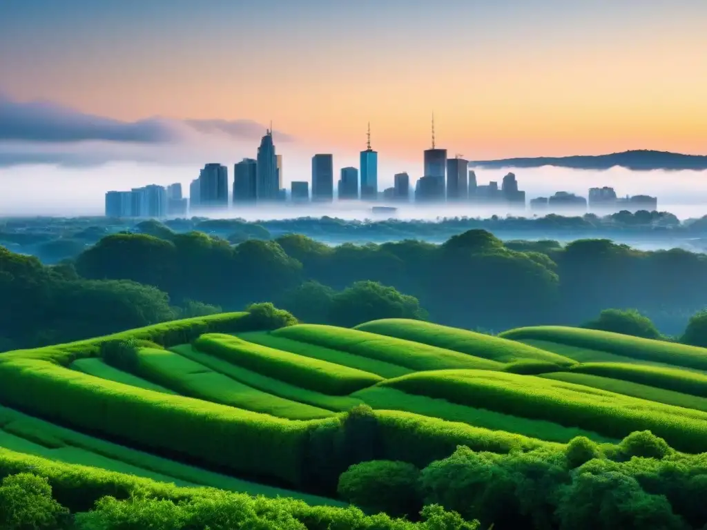 Vista detallada de una ciudad minimalista al atardecer, con edificios sostenibles y naturaleza exuberante