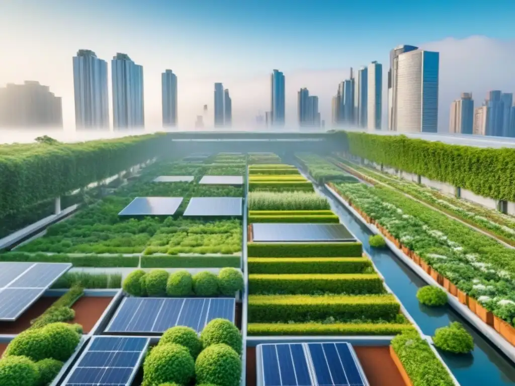 Vista detallada de una ciudad moderna con techos verdes, jardines verticales, paneles solares y transporte público eficiente