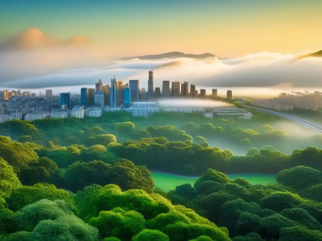 Armonía urbana: ciudad verde y sostenible Vista detallada de una ciudad con parques verdes, resaltando la armonía entre urbanismo, naturaleza y movilidad sostenible