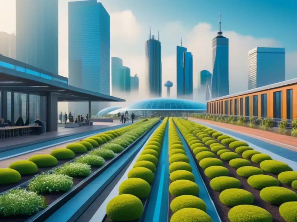Vista detallada en 8k de una ciudad sostenible con economía circular y elementos ecofriendly