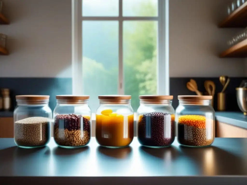 Vista detallada de una cocina moderna con estantes organizados con frascos de granos, nueces y frutas secas coloridas