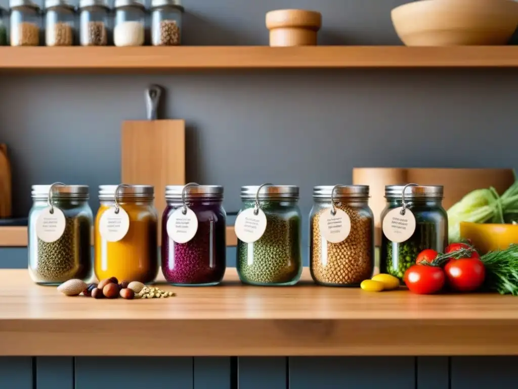 Vista detallada de una cocina moderna con tarros de granos, semillas y especias coloridas, etiquetados con papel reciclado