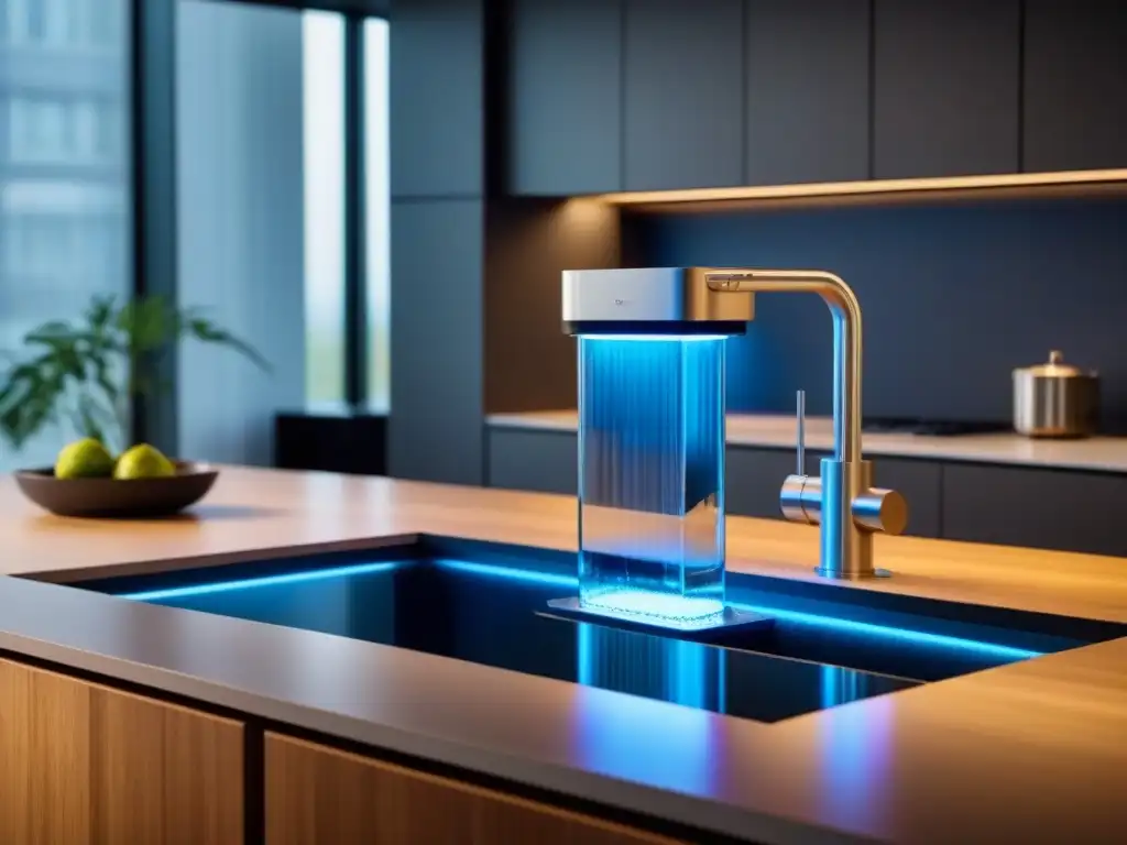 Vista detallada de un sistema de filtración de agua sostenible en una elegante cocina minimalista