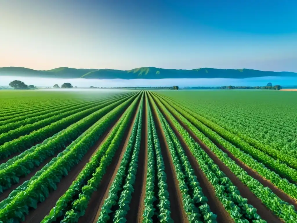 Una vista exuberante de un campo verde vibrante bajo un cielo azul claro, destacando cultivos en perfecta armonía