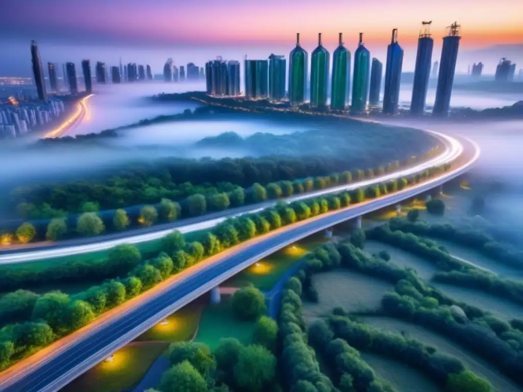 Vista futurista de una ciudad al anochecer con arquitectura verde y energías renovables, mostrando una planificación urbana para ciudades sostenibles