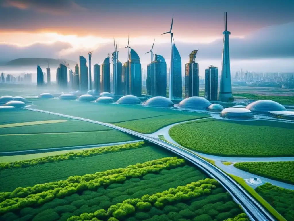 Vista futurista de una ciudad con desarrollo sostenible, integrando naturaleza y tecnología