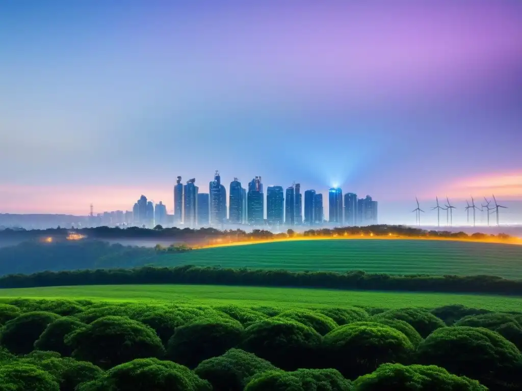 Vista futurista de ciudad ecoamigable con vegetación integrada y energía renovable