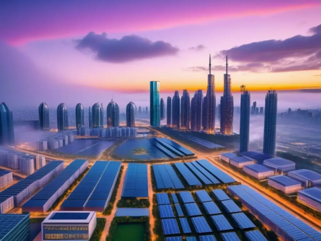 Vista futurista de una ciudad ecofriendly al atardecer con arquitectura innovadora y naturaleza integrada