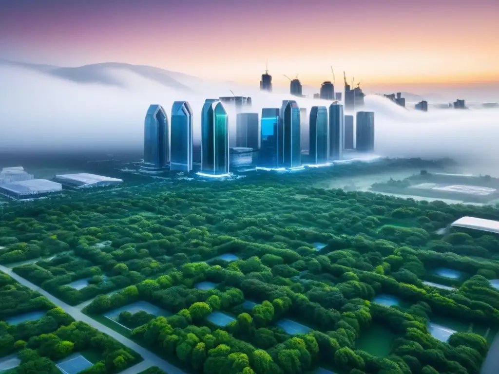 Vista futurista de una ciudad con edificios energéticamente eficientes y tecnología verde