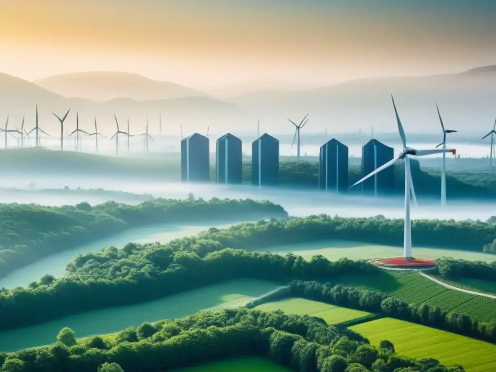 Vista futurista de una ciudad con energías renovables y naturaleza, reflejando finanzas climáticas sostenibles innovadoras