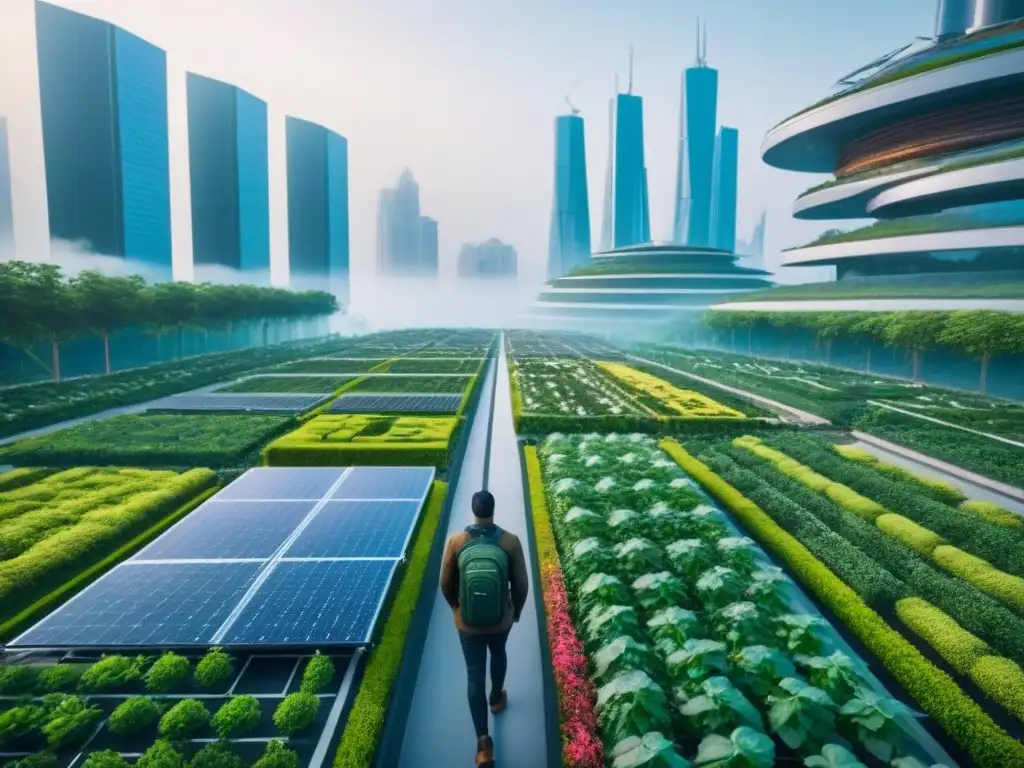 Vista futurista de ciudad integrada con naturaleza y tecnología para urbanismo verde