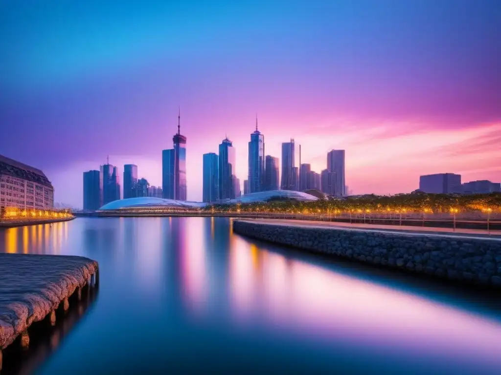 Vista futurista de la ciudad al anochecer con rascacielos iluminados y reflejados en un río, ideal para 'Big Data en ciudades sostenibles'