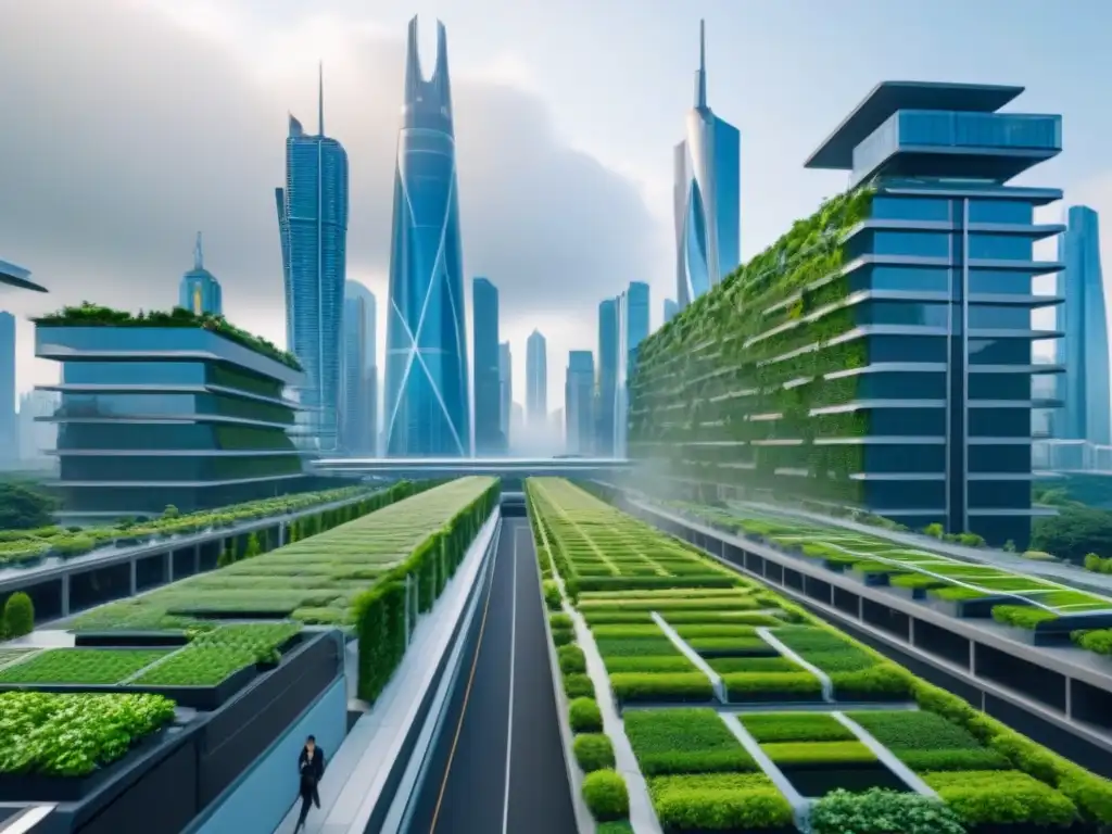 Vista futurista de ciudad sostenible integrando tecnología y naturaleza