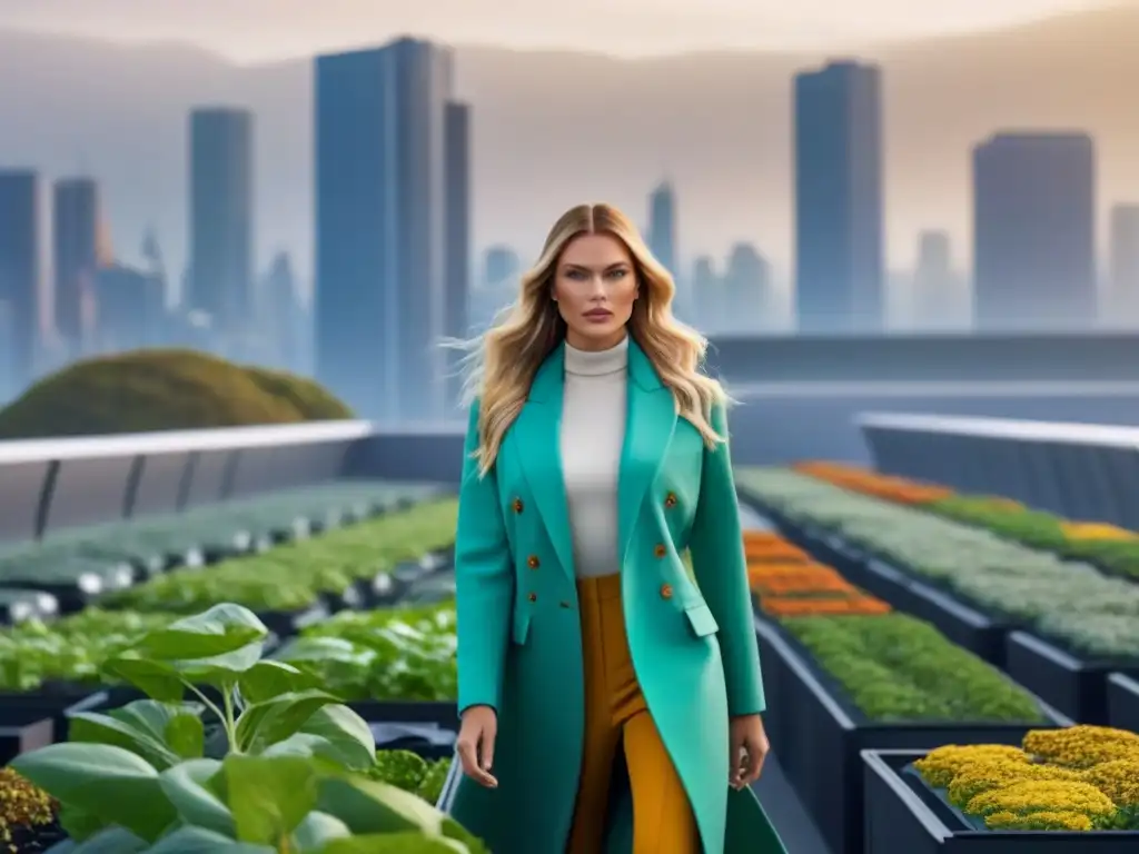 Vista futurista de ciudad sostenible con moda eco amigable