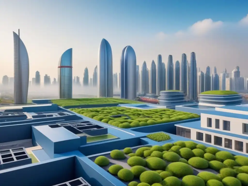 Vista futurista de ciudad sostenible con impresión 3D reducción residuos