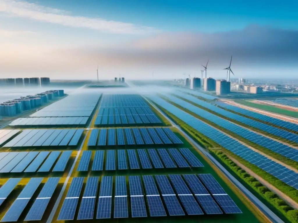 Metrópolis sostenible del futuro: edificios verdes y energía renovable Vista futurista de una ciudad sostenible con tecnologías ecoamigables