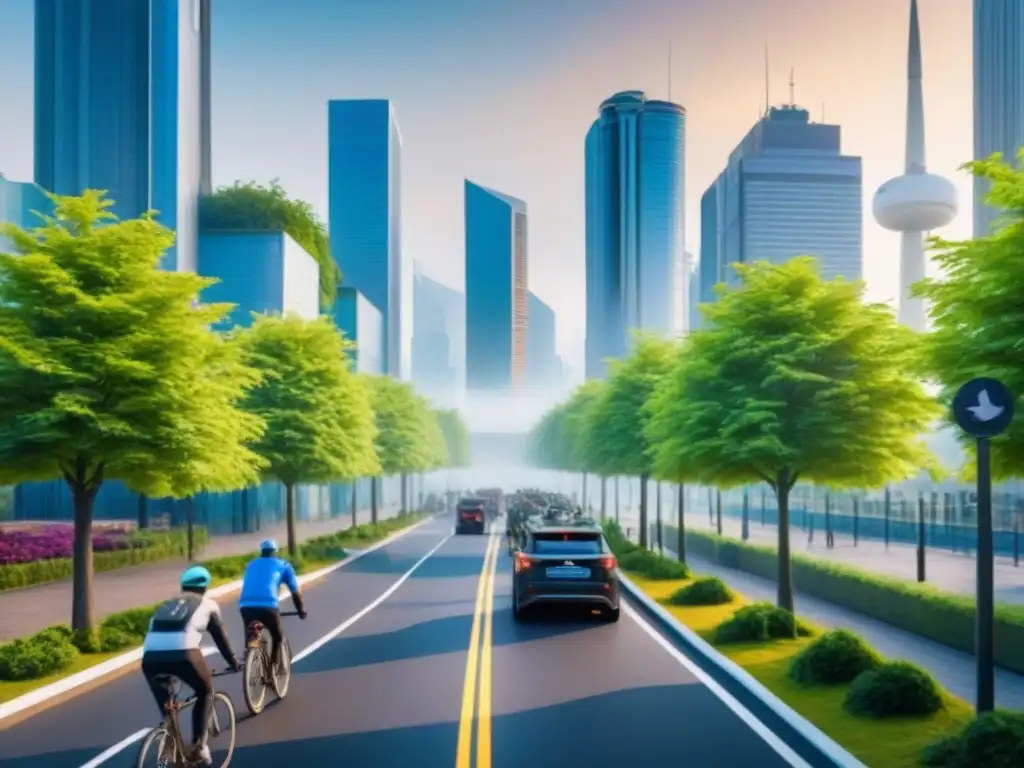 Vista futurista de una ciudad sostenible con edificios verdes, transporte eco y políticas públicas economía circular sostenible