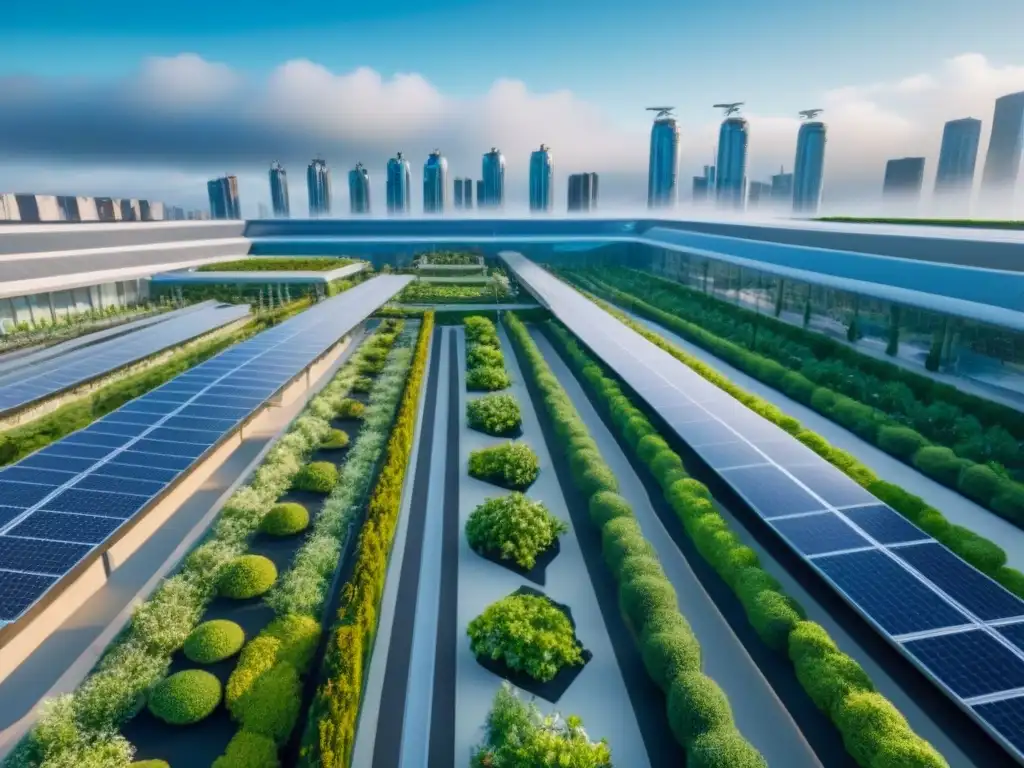 Vista futurista de ciudad con techos verdes sostenibles, edificios modernos y jardines en azoteas