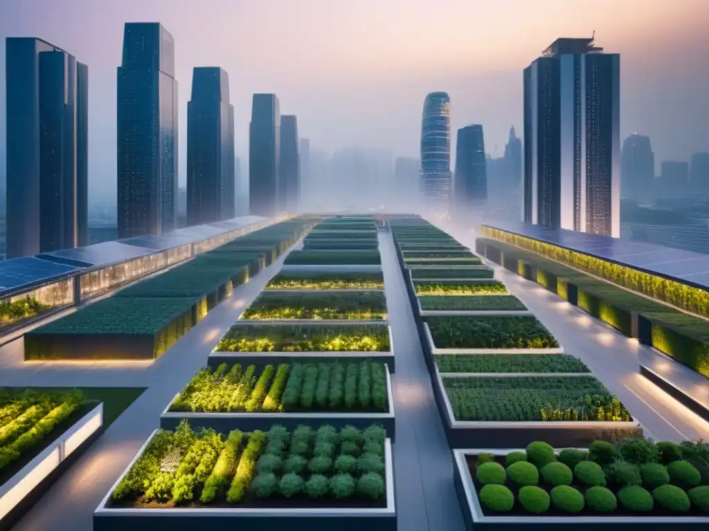 Vista futurista de ciudad verde sostenible al atardecer, con edificios verdes y jardines verticales