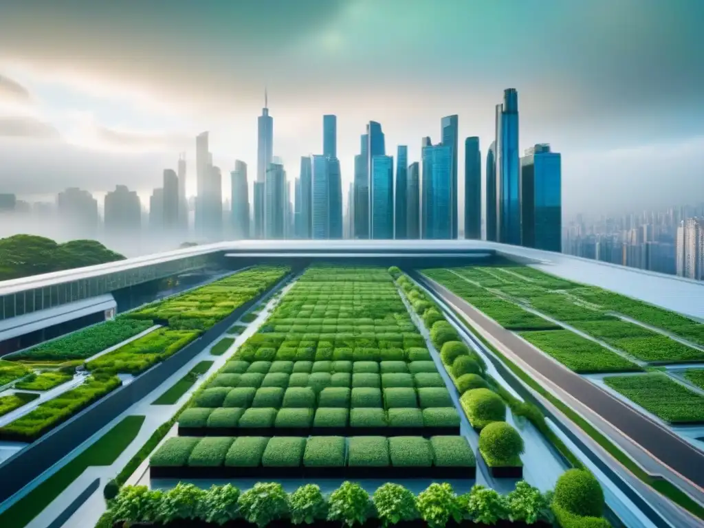 Vista futurista de ciudad verde: arquitectura moderna y vegetación se fusionan, reflejando una planificación verde desarrollo urbano sostenible