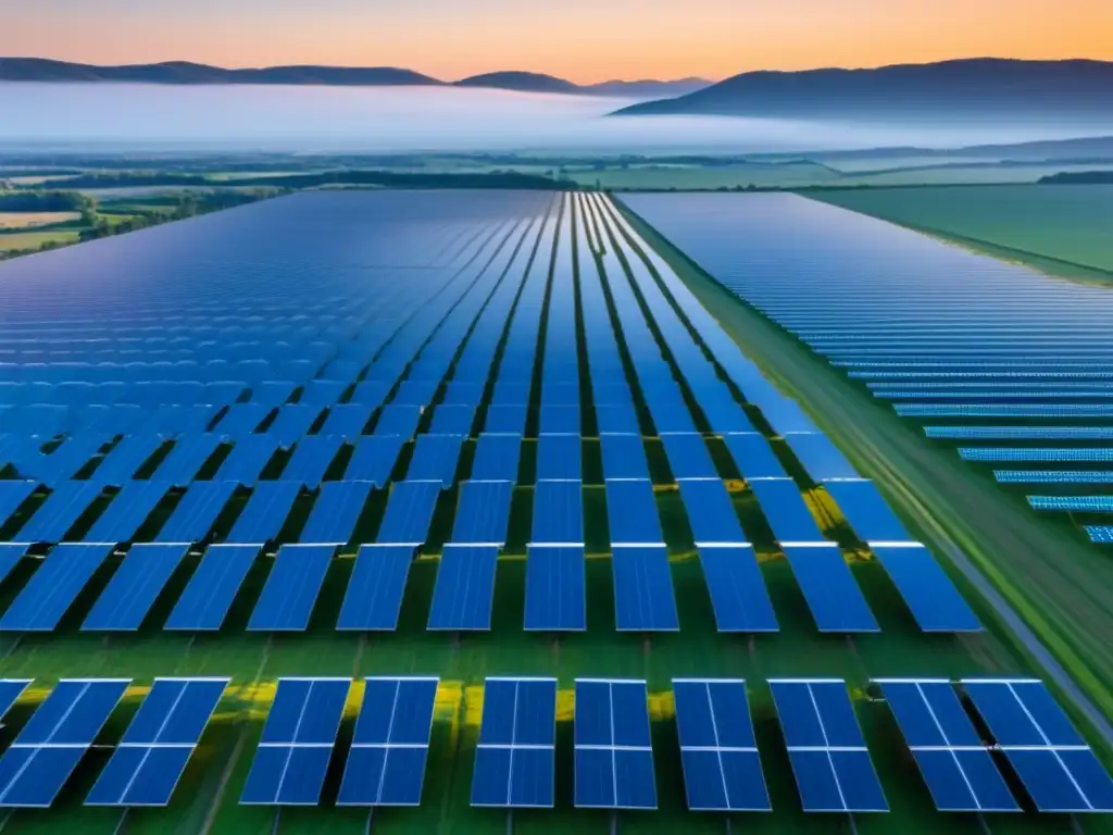 Vista impresionante de granja solar, invertir en energías renovables seguras