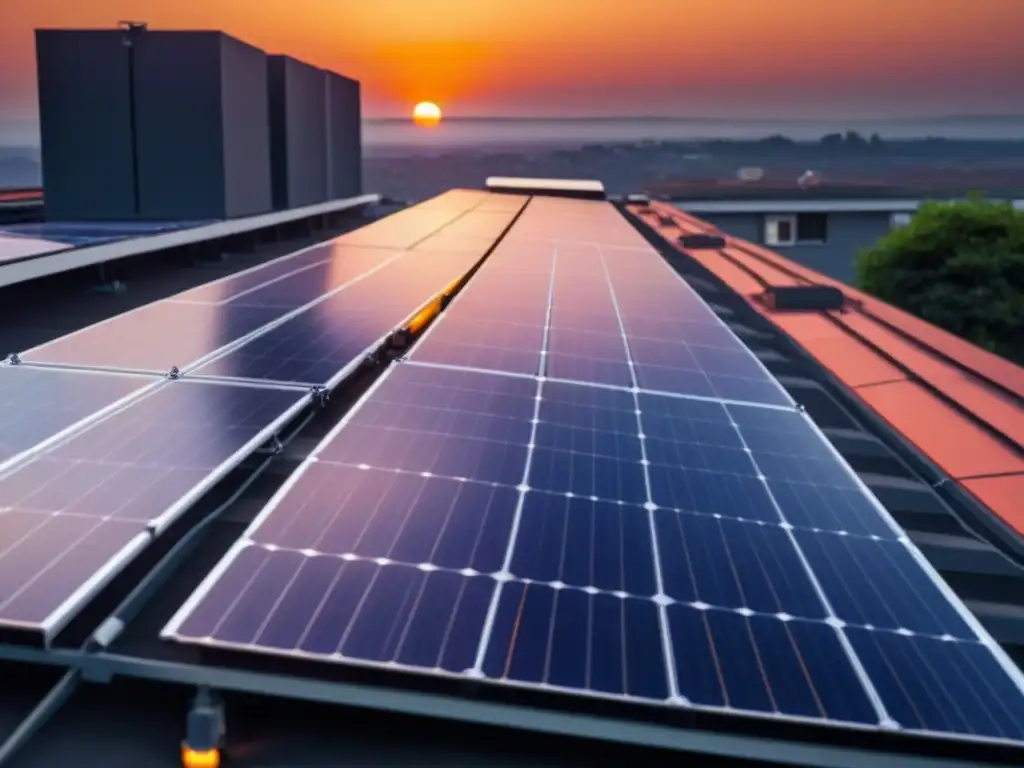 Una vista impresionante de paneles solares en un techo al atardecer, emitiendo esperanza y eficiencia