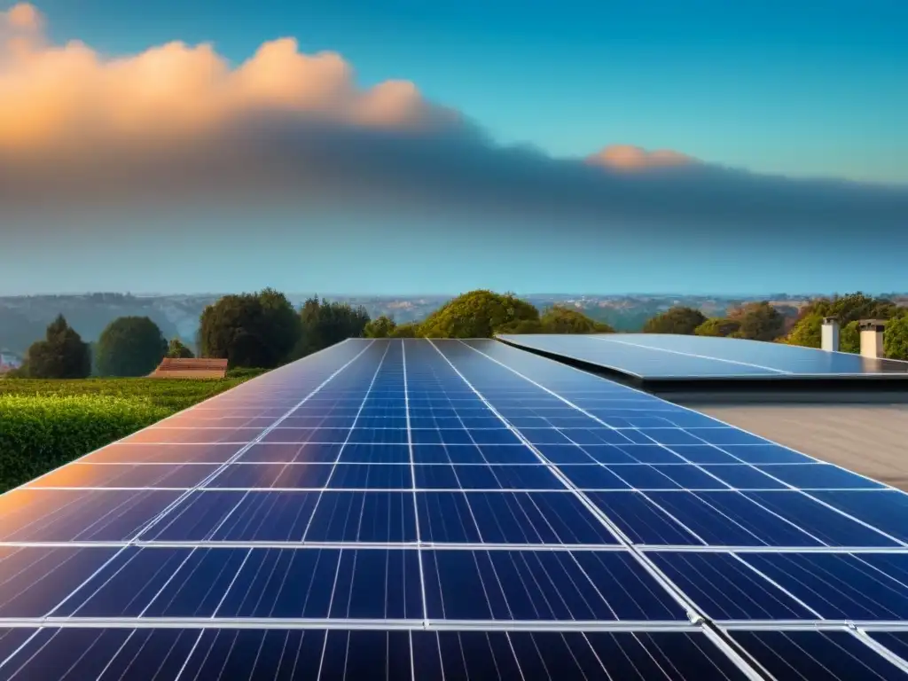 Vista moderna y ecológica de un tejado residencial con paneles solares bajo cielo azul