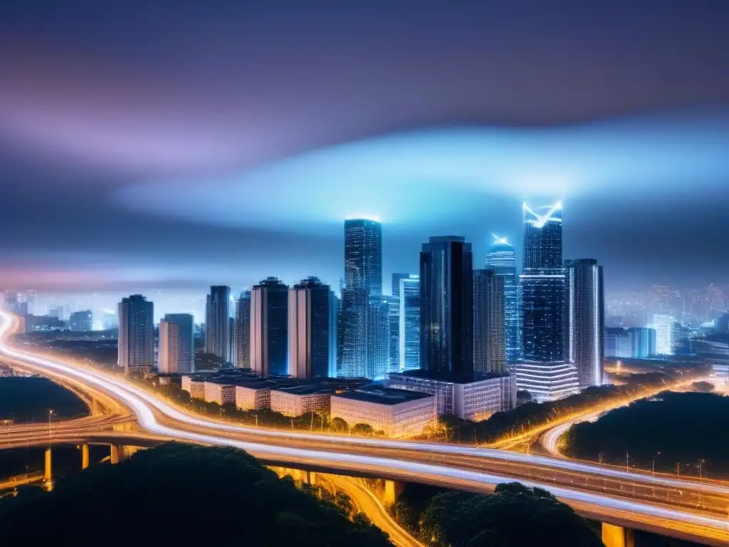 Vista nocturna de una ciudad activa, con rascacielos iluminados y líneas brillantes que representan el flujo de datos en la gestión de residuos