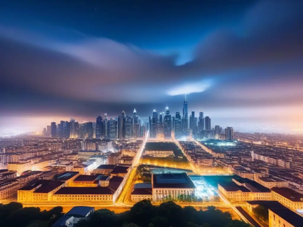 Vista nocturna de la ciudad con edificios modernos y luces brillantes, reflejando la energía urbana