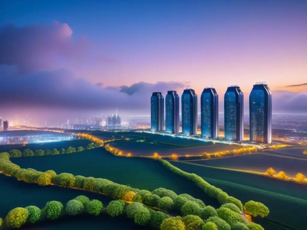 Vista nocturna de una ciudad futurista sostenible, con rascacielos energéticamente eficientes iluminados y naturaleza exuberante