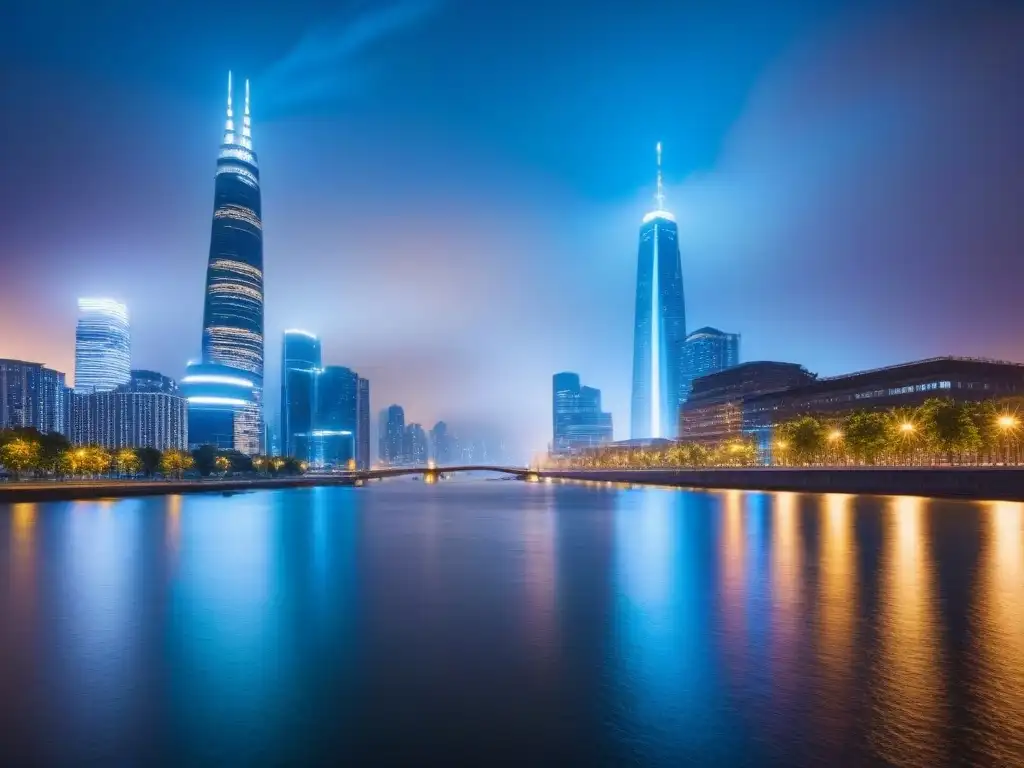 Vista nocturna de una ciudad futurista y sostenible, con rascacielos iluminados reflejándose en un río tranquilo